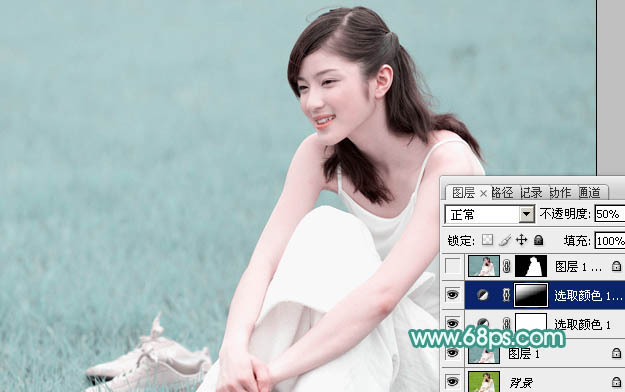 Photoshop将草地人物图片调制出梦幻的青色调效果