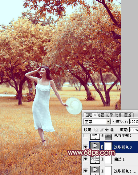 Photoshop为草地上面的美女图片调制出漂亮的秋季蓝橙色效果