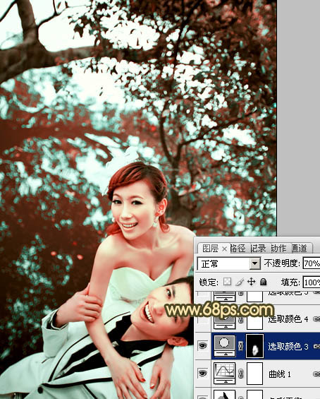 Photoshop将树林婚片打造出经典暗调青黄色效果