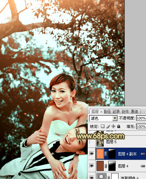 Photoshop将树林婚片打造出经典暗调青黄色效果