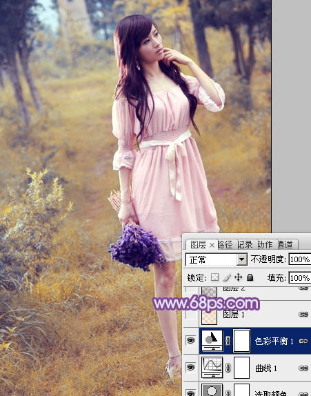 Photoshop将草地美女图片增加上梦幻的粉调蓝紫色效果