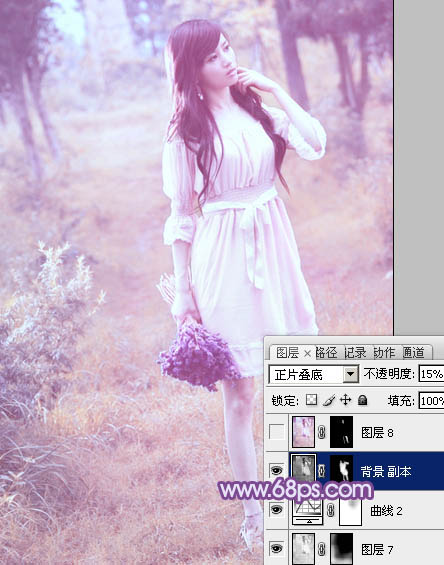 Photoshop将草地美女图片增加上梦幻的粉调蓝紫色效果