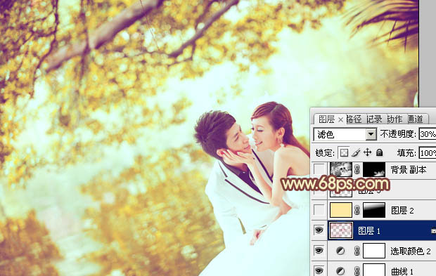 Photoshop将池塘边的情侣图片增加上唯美的淡黄色效果