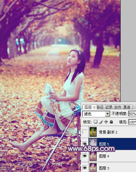Photoshop将树林写真人物图片打造出漂亮的橙紫色