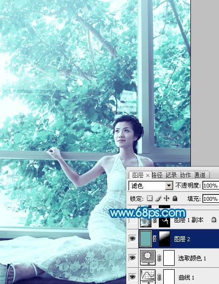 Photoshop为窗户边上的美女图片调制出梦幻的青绿色