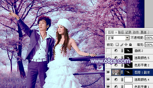 Photoshop将树林婚片调制出梦幻的红紫色
