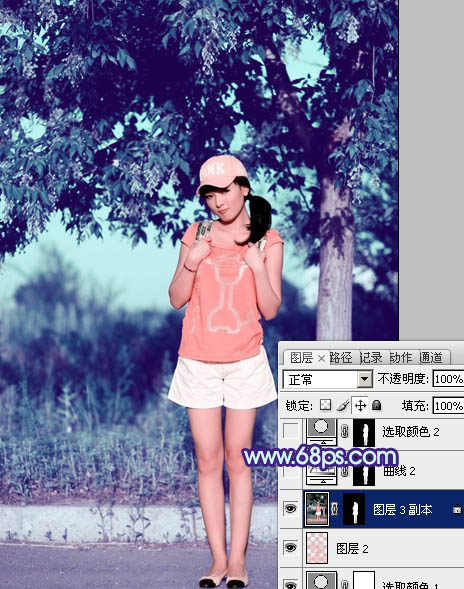 Photoshop为外景美女图片增加上流行的韩系粉蓝色效果