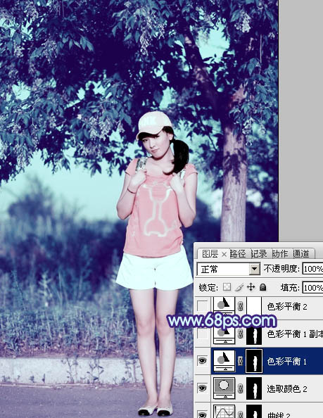 Photoshop为外景美女图片增加上流行的韩系粉蓝色效果
