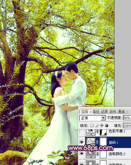 Photoshop为树林婚片加上柔和的黄绿色效果教材