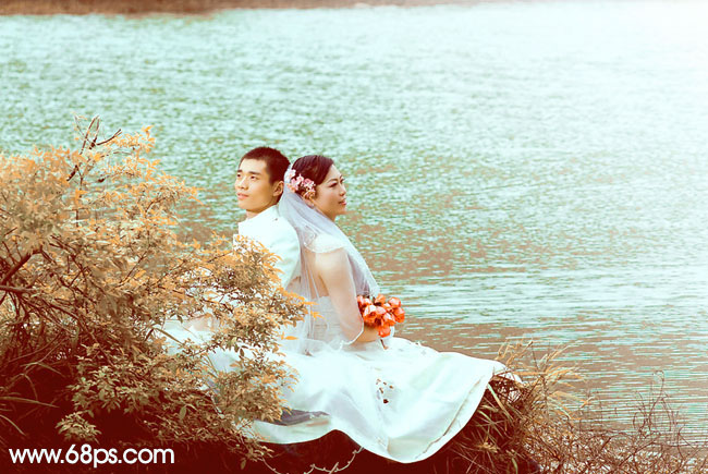 Photoshop将河景婚片打造出秋天风味的漂亮青黄色
