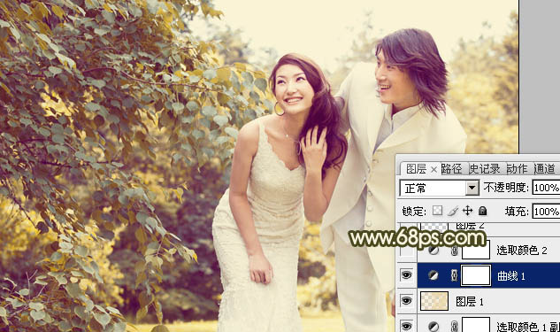Photoshop将树林婚片增加上柔和的淡黄色效果