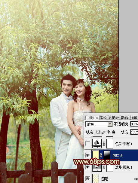 Photoshop将树林婚片打造出甜美的青黄色效果