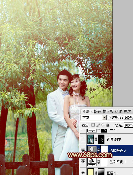 Photoshop将树林婚片打造出甜美的青黄色效果