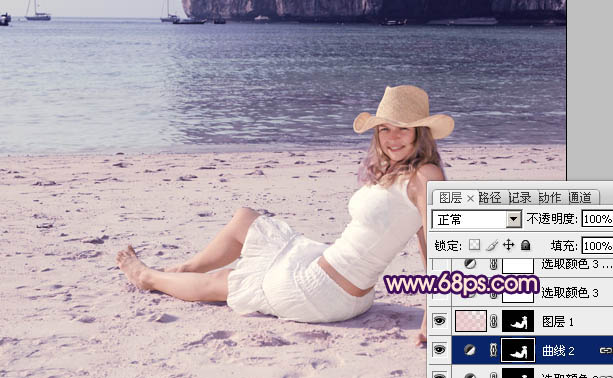 Photoshop为海滩上的美女图片增加上淡紫霞光色