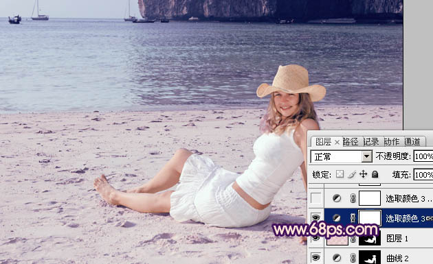 Photoshop为海滩上的美女图片增加上淡紫霞光色