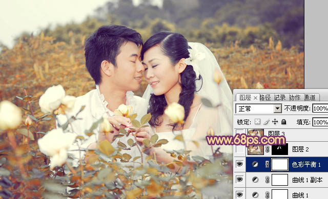 Photoshop为玫瑰园中的情侣图片增加经典橙褐色
