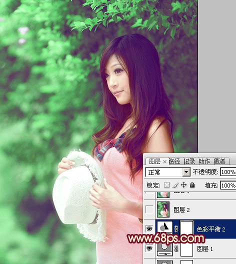 Photoshop将树林美女图片调成甜美的青绿色