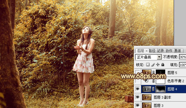 Photoshop将树林美女图片调制出梦幻的橙褐色