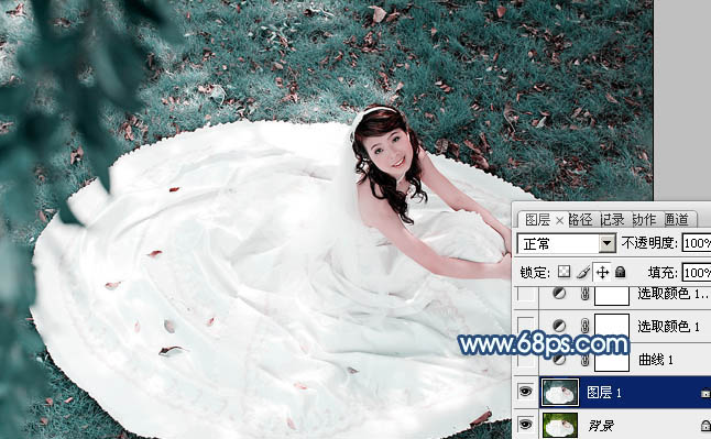 Photoshop将草地婚纱美女调制出流行的青蓝色