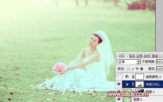 photoshop为草地上的婚纱美女增加甜美的淡绿色