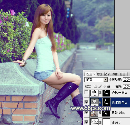 Photoshop将外景美女图片调制出流行的甜美蓝绿色