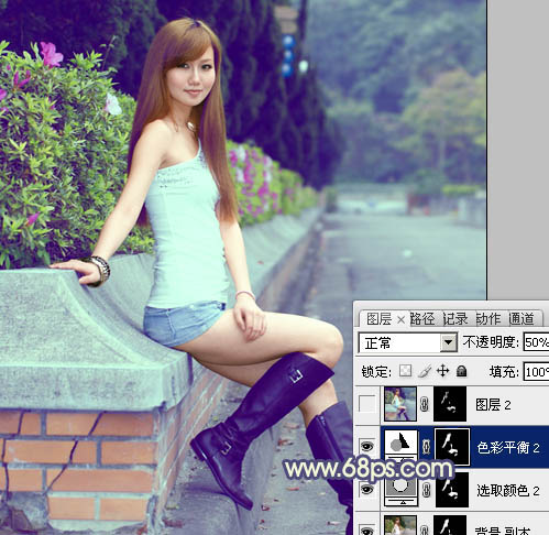 Photoshop将外景美女图片调制出流行的甜美蓝绿色