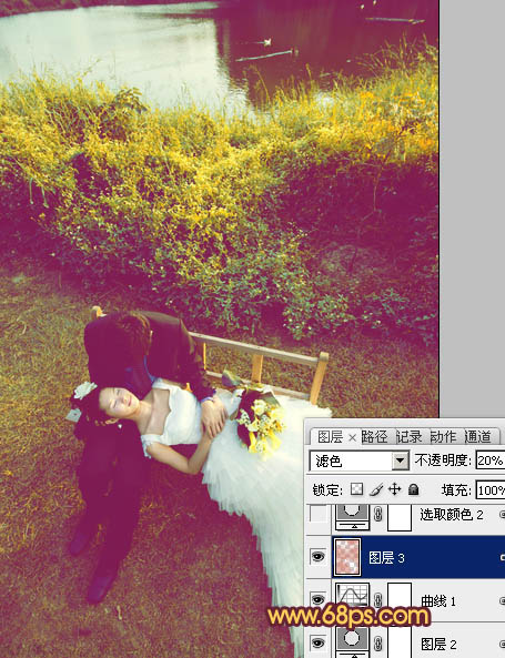 Photoshop为池塘边情侣图片增加上温暖的霞光色效果