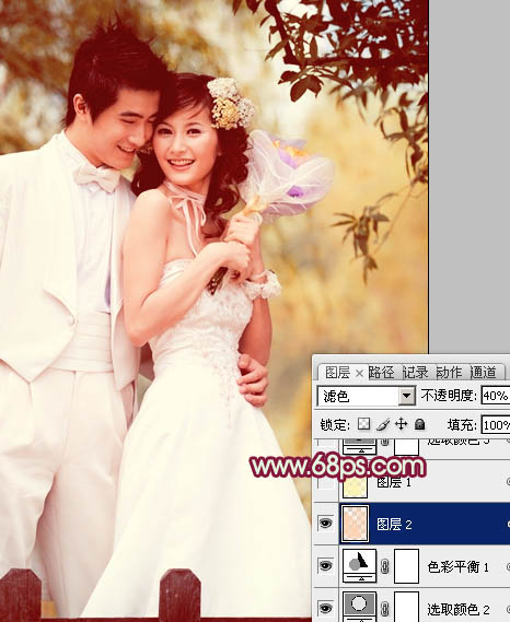 Photoshop将树林婚片调成甜美的粉褐色