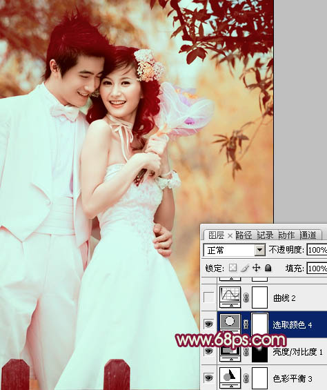 Photoshop将树林婚片调成甜美的粉褐色