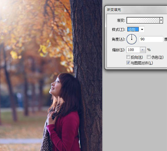 Photoshop将昏暗的树林人物图片增加暖暖的秋意效果