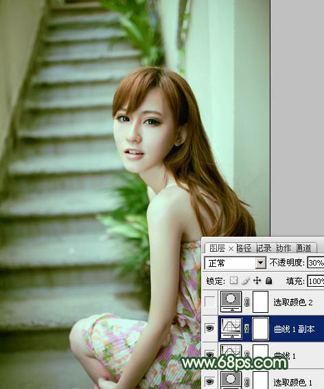 Photoshop将楼梯边美女图片调制出甜美的青绿色效果