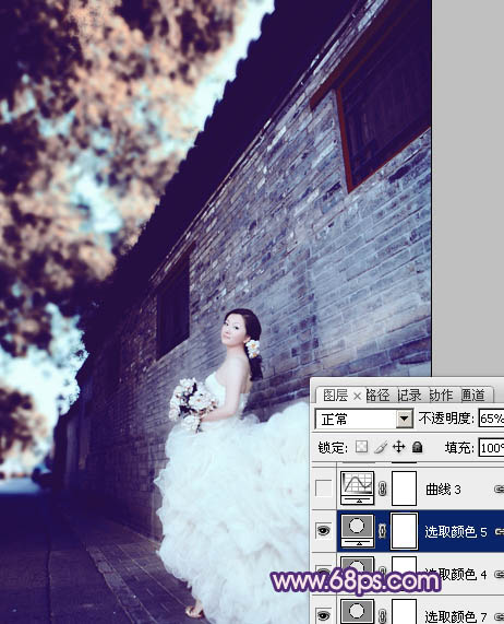 Photoshop将古建筑婚片调制出柔和的橙蓝色效果