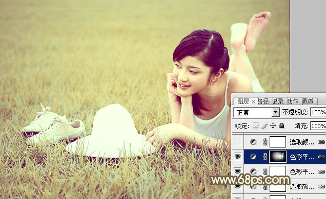 Photoshop为草地美女图片调制出柔和的粉黄色效果