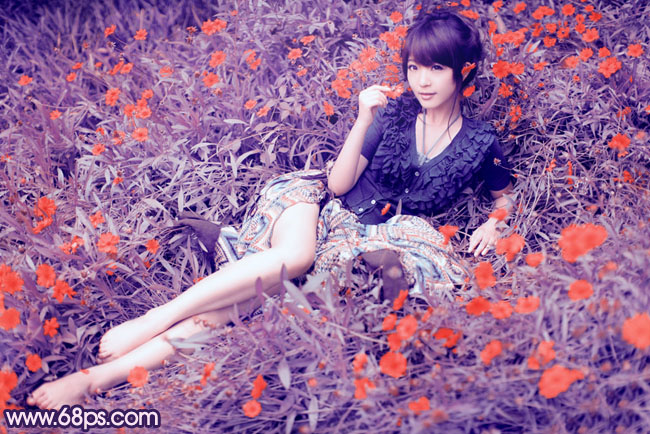 Photoshop为草地人物图片调制出柔和的紫红色效果