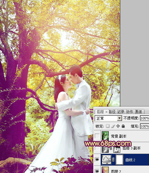 Photoshop将树林婚片增加上柔美的黄紫色效果