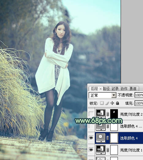 Photoshop给为绿荫中的人物图片调制出韩系淡青色效果