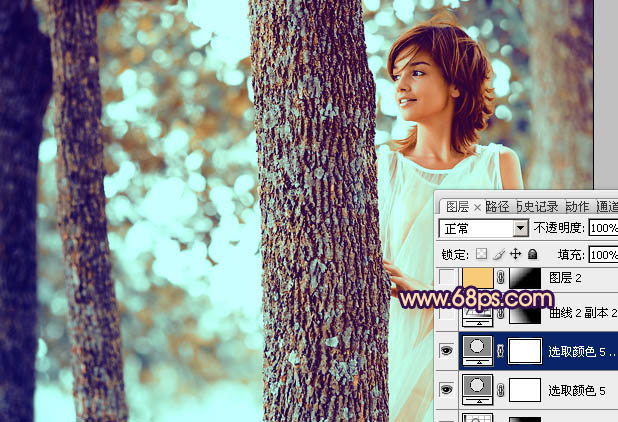 Photoshop为树林人物图片调制出灿烂的青黄阳光色效果