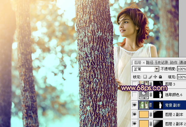 Photoshop为树林人物图片调制出灿烂的青黄阳光色效果