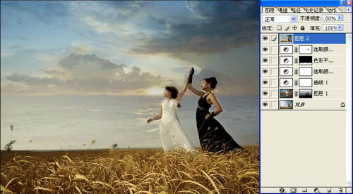 Photoshop为旷野人物图片增加霞光背景效果