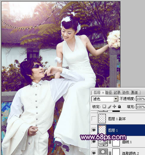 Photoshop将外景婚片调制出甜美的紫褐色效果