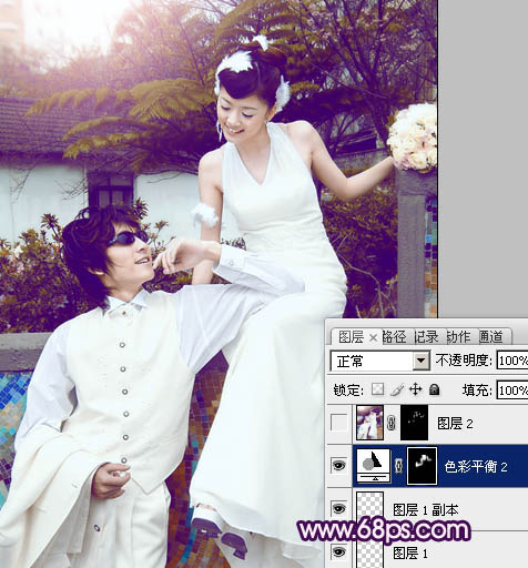 Photoshop将外景婚片调制出甜美的紫褐色效果