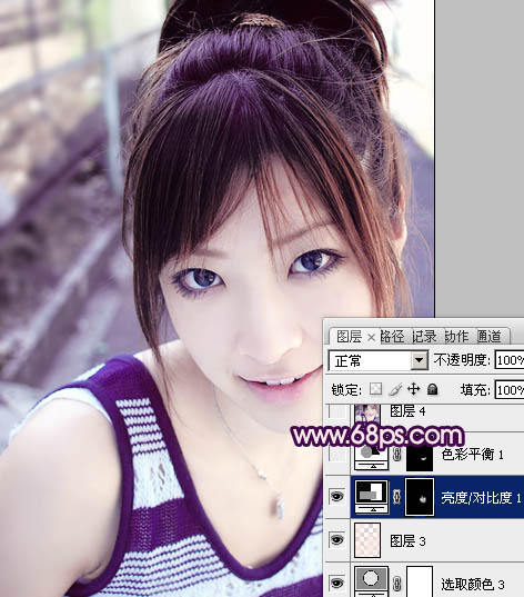 Photoshop将外景美女图片调成可爱的淡紫色