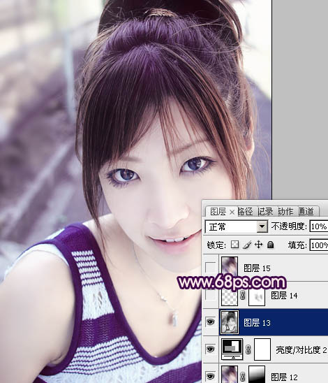Photoshop将外景美女图片调成可爱的淡紫色