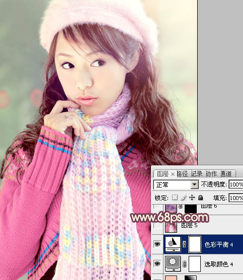 Photoshop将冬季美女图片加上淡紫蜜糖色效果