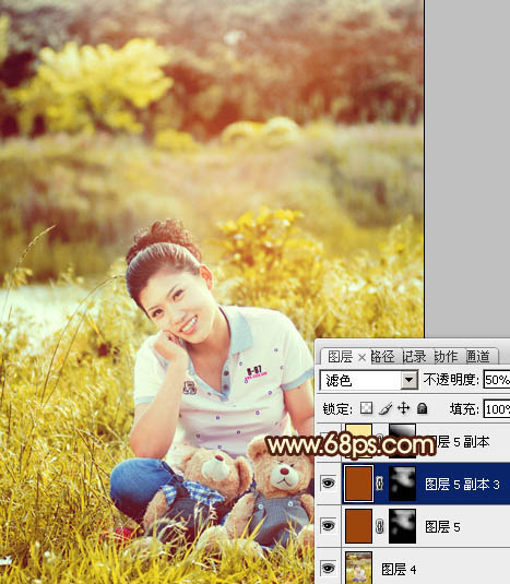 Photoshop将草地人物图片调制出柔美的黄褐色效果