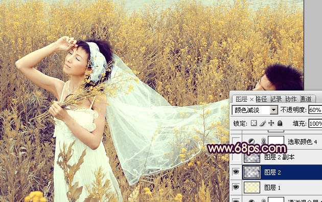 Photoshop为油菜花婚片调制出漂亮的暖意金色效果