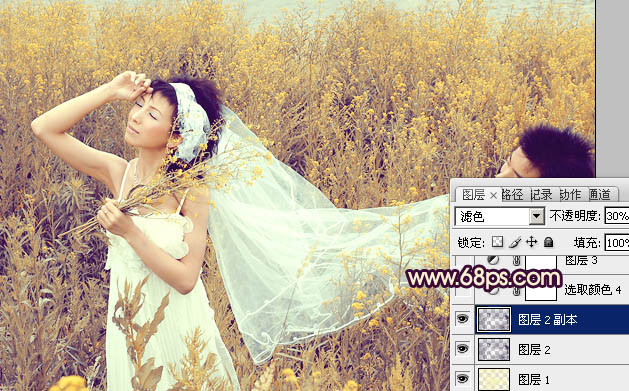 Photoshop为油菜花婚片调制出漂亮的暖意金色效果