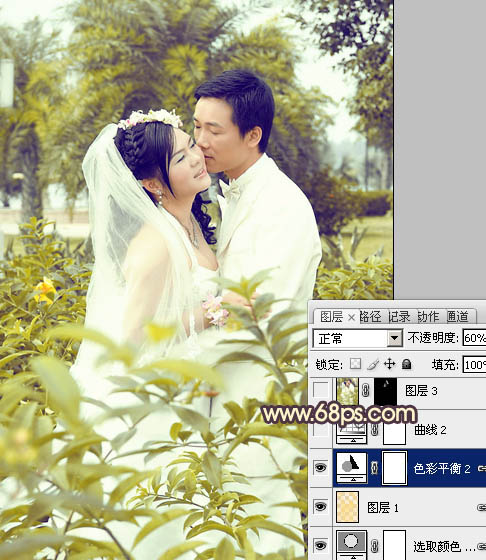 Photoshop为树林婚片调制出柔和的古典黄绿色效果
