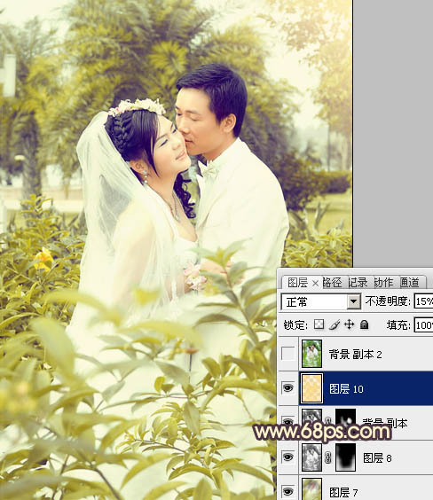 Photoshop为树林婚片调制出柔和的古典黄绿色效果