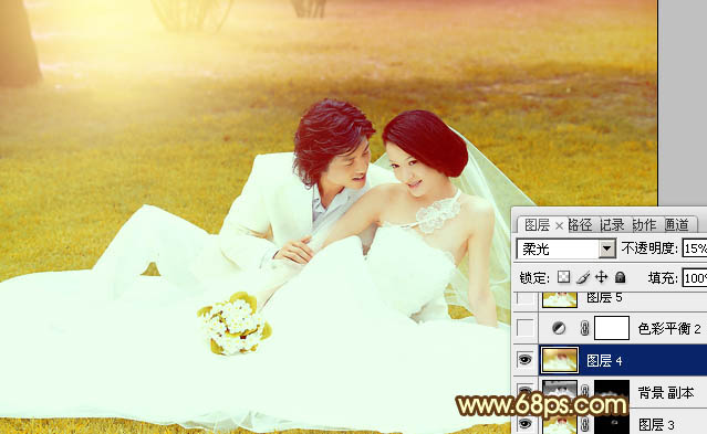 Photoshop为绿茵婚片调制出柔美的晨曦暖黄色